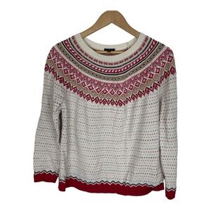 Talbots Fair Isle Nordic Sweater Lambs Wool Cream Off White Red Size XLp